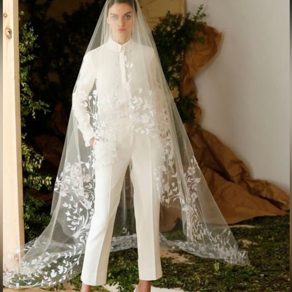 Cathedral length floral lace wedding veil with blusher